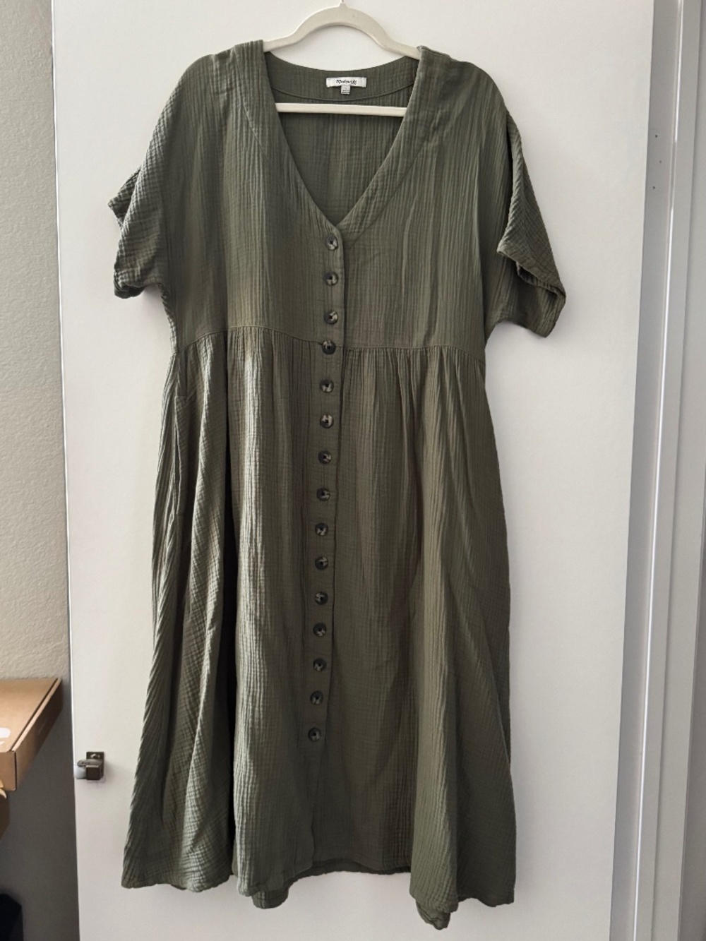Madewell Lightspun Button-Front Midi Dress Dark Palm Green L